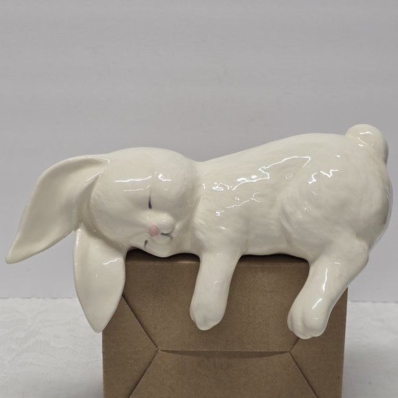 Vintage Sleeping Bunny Rabbit Shelf Sitter Off White Easter Ceramic Figurine